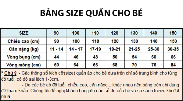 Junbaby: Bảng size quần áo trẻ em quảng châu